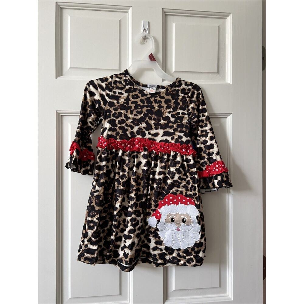 BMJ Holiday Dress Animal Print, Contrasting Ruffle With Appliqued Santa NWNT - Picture 3 of 7